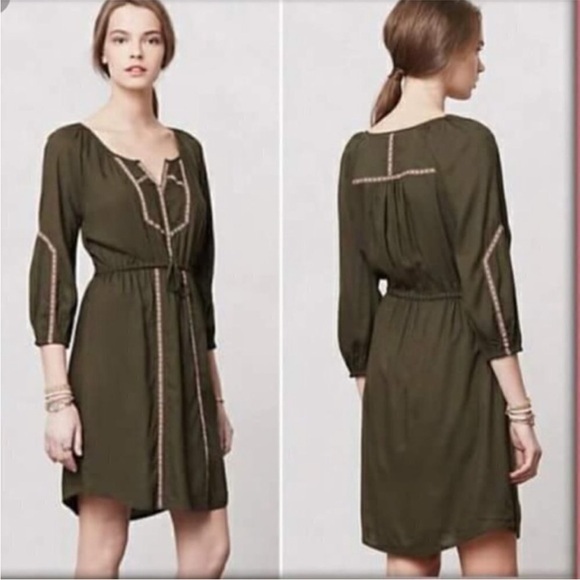 Anthropologie Dresses & Skirts - Anthropologie Edme and Esyllte Olive Peasant Boho Dress W Ribbon Trim Medium